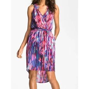 Presley Skye Parker Silk Sleeveless High Low Colorful Watercolor Wrap Front Med